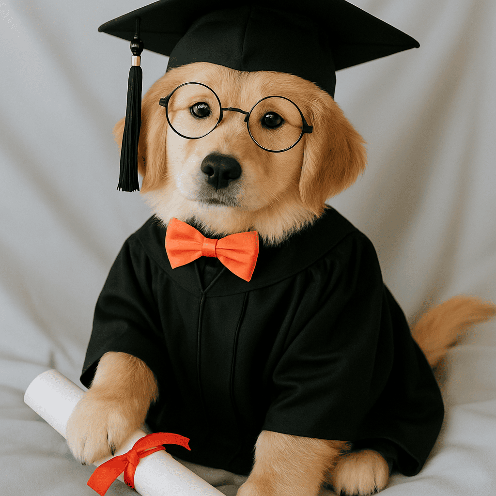 Golden dog sitting, he's wearing an orange collar, but now he's wearing a mortar board, gown, glasses and has a diploma under his paw.