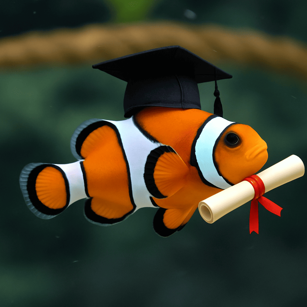 AI modified fish in a bowl with a diploma with a red ribbon wearing a mortar board.
