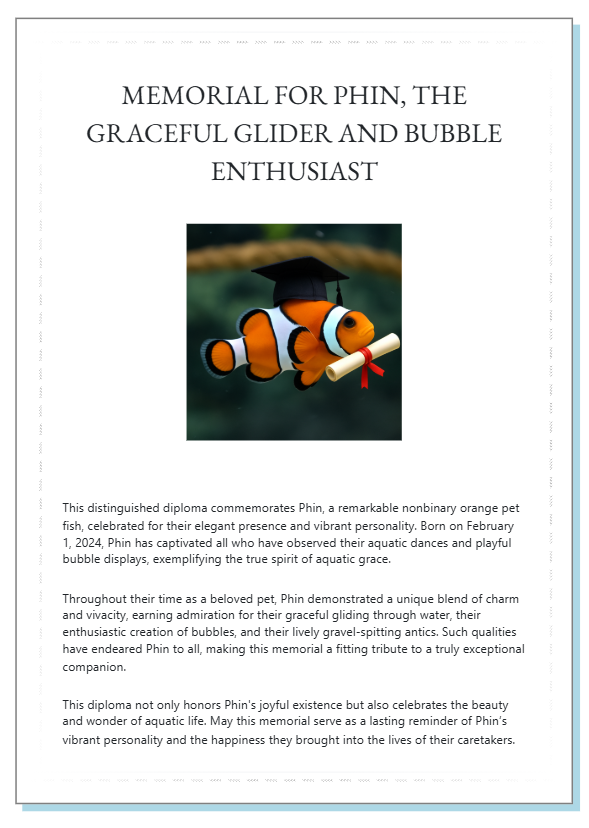 A diploma that commemorates the life of Phin the fish.